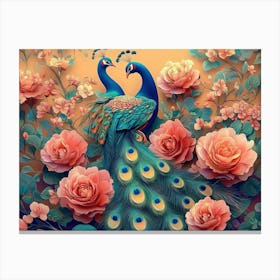 Bright Color Floral With Exotic Oriental Pattern Flowers And Peacocks 1 Canvas Print