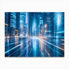 Blurry City Street At Night, Blue Streaks Of Light Canvas Print