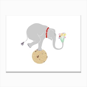 Elephant Balancing On Cookie With Flowers, Fun Circus Animal, Cake, Biscuit, Sweet Treat Print, Landscape Canvas Print