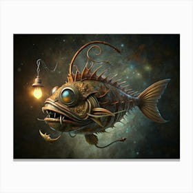 A Steampunk Style Anglerfish With A Light Bulb And Clockwork Gears, Against A Cosmic Background Canvas Print