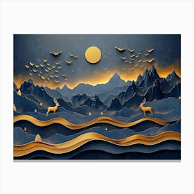 3d Modern Art With Night Landscape With Dark Mountains, Dark Black Background With Stars 1 Canvas Print