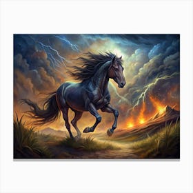 Black Horse Running Through A Stormy Landscape Canvas Print