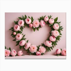 Heart Shaped Arrangement Of Pink Peonies With Green Leaves And Stems On A Soft Pink Background Canvas Print