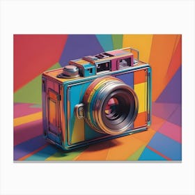 A Colorful, Retro Style Camera, With A Shiny, Metallic Finish And A Rainbow Colored Design Canvas Print