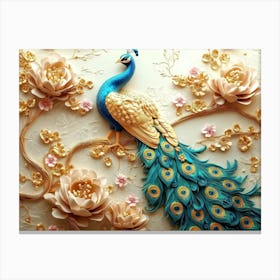 3d Peacock With Golden Jewelry And Flowers Canvas Print