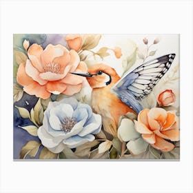 Hummingbird & Flowers Art Print Vintage Canvas Print