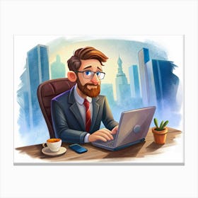 Businessman Working On A Laptop In An Office With A City View Canvas Print