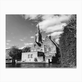 Church in Black and White On The Water in Bruges, Belgium  Canvas Print