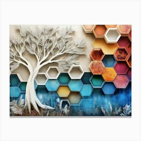 Abstract 3d Oak Artwork with White Lattice Feathers, A Tree Motif and Hexagons in Varied Canvas Print