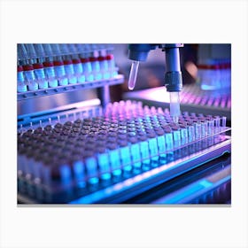 Robotic Arm Handling Test Tubes In A Laboratory Setting With Blue And Pink Lighting Canvas Print