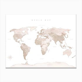 Beige World Map No 130 Canvas Print
