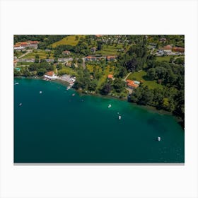 Shoreline on the lake drone photography.  Lake Orta. Italy. Canvas Print