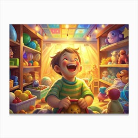 Joyful Boy Playing With Toys In A Brightly Lit Room Canvas Print