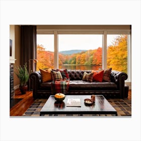 Cozy Autumn Living Room Vivid Colors Featuring Plaid Blankets Stretched Over A Leather Sofa A Pum (7) Canvas Print