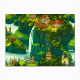 Mystical Fantasy Water Island Village In A Colorful Painting Canvas Print