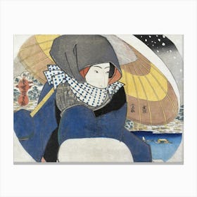 Japanese Woman With Umbrella In Snow (1930) Vintage Woodblock Print By Utagawa Kunisada Canvas Print