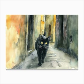 Black Cat In Turin, Italy, Street Art Watercolour Painting 2 Canvas Print