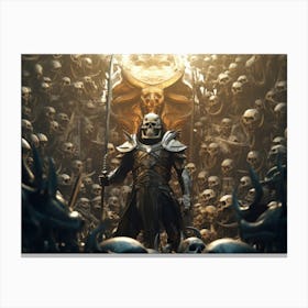 Robot knight with a horned helmet, sword, and shield stands triumphantly on a pile of human skulls and debris Canvas Print