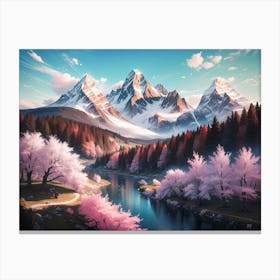 Mountain River with Cherry Blossom and Alps view #5 - Oil Painting Canvas Print