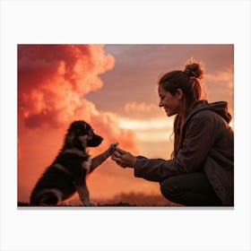 Sunset With Puppy Canvas Print