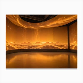 An Empty Room With A Large, Curved Screen Displaying A Golden Landscape With Mountains, Stars, And A Glowing Light Source Canvas Print