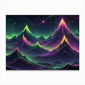 A Range Of Vibrant, Glowing Mountains In Shades Of Purple, Green, And Yellow Against A Dark, Starry Sky Canvas Print