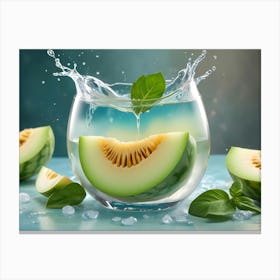 A Slice Of Cantaloupe In A Glass Of Water With Ice And Basil, Surrounded By More Fruit Canvas Print