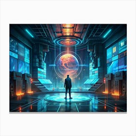 Man In A Control Room With Hologram Of Earth Canvas Print