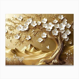 3d Golden Tree with White Flowers 3 Canvas Print