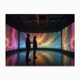 Two Silhouetted Figures Stand In An Empty Room, Looking At A Large, Curved Screen Displaying A Vibrant, Abstract, Digital Artwork Canvas Print