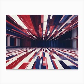 A Long, Dark Corridor With Red, White, And Blue Geometric Lines Extending Into The Distance, Creating A Sense Of Depth And Perspective Canvas Print