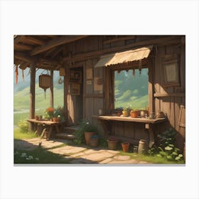 Illustration Of A Charming Little Shop With Wooden Siding, Nestled In A Mountainous Area And Offering Flowers And Other Rustic Items Canvas Print