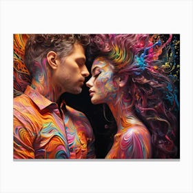 Couple Kissing With Colorful Paint.Psychedelic Prism: The Colorful Dance of a Couple. Psychedelic Love Mirage: The Surreal Couple. Canvas Print