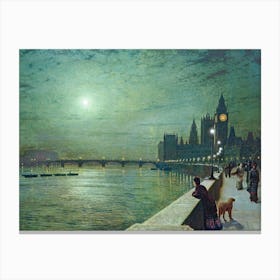 Reflections on the Thames Westminster 1880 Oil on Canvas by John Grimshaw - Remastered HD Fantastic Quality London Bridge Artwork | English British Painter Canvas Print