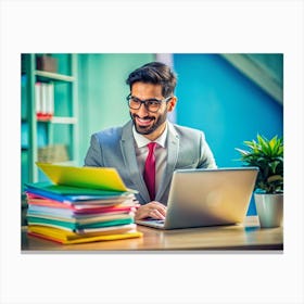 Smiling Businessman Working On Laptop At Desk Canvas Print