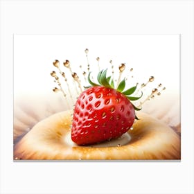 A Red Strawberry Falling Into Milk, Creating A Crown Of Gold Colored Splashes Canvas Print