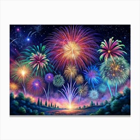 Colorful Fireworks Display Over Green Hills Canvas Print