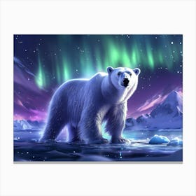 Polar Bear In The Snow with shimmering aurora borealis in the sky. Canvas Print