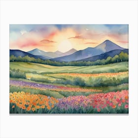 Default A Painting Of A Sunset Over A Field Of Flowers And Mou 0 1 Canvas Print