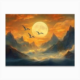 3d Golden Mountain with Birds, Moon, And Clouds Canvas Print