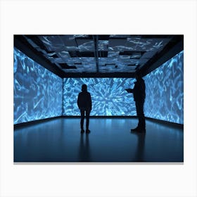 An Illustration Of Two Figures Silhouetted Against A Wall Of Glowing Blue Screens Displaying Digital Patterns Canvas Print