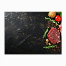 Meat And Vegetables On A Black Background Canvas Print