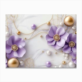 3d Artwork with Purple Flowers, Gold Balls, And Pearls on a White Marble Background Canvas Print