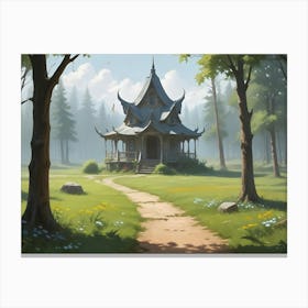 A Peaceful, Fairytale Like Forest With A Cottage And Winding Path, Depicting A Scene Of Tranquil Beauty Canvas Print