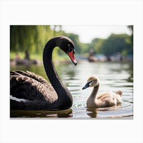 Black Swan And Baby Swan Canvas Print