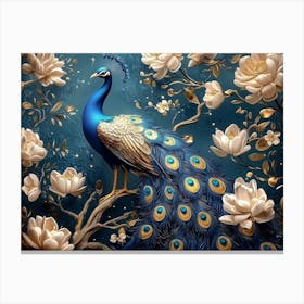 3d Peacock in Golden Jewelry and Flowers Style Canvas Print