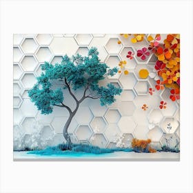 Vibrant Turquoise Tree And Colorful Hexagons Create A Striking Effect Against White Lattice And Floral 2 Canvas Print