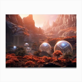 Cluster of dome-shaped habitats nestled amidst the rocky terrain of Mars Canvas Print