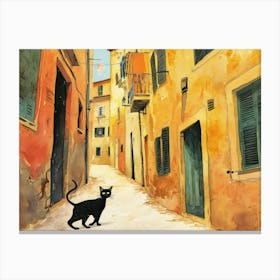 Palma De Mallorca, Spain   Cat In Street Art Watercolour Painting 2 Canvas Print