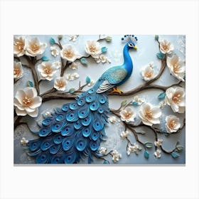 3d Peacock On Branch With Flowers 1 Canvas Print